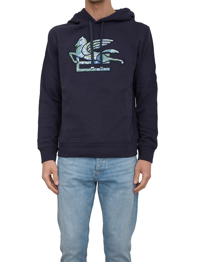 Felpa Etro uomo in cotone blu con ricamo Pegaso grande a contrasto
