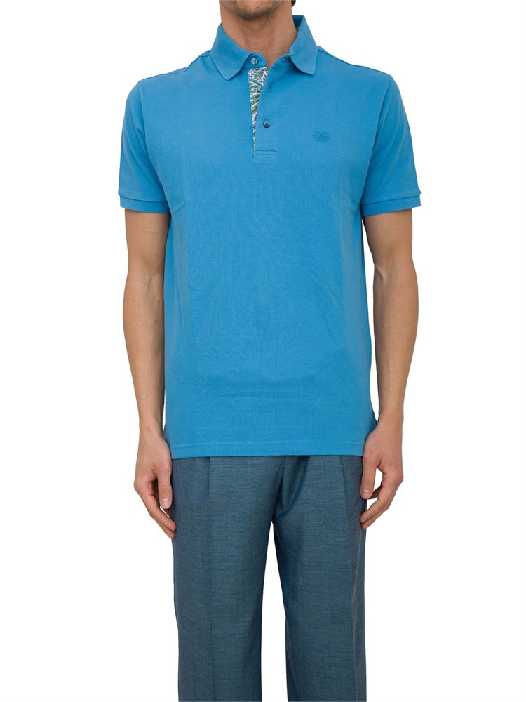 Polo azzurra Etro in cotone con dettaglio stampa floreale sul collo