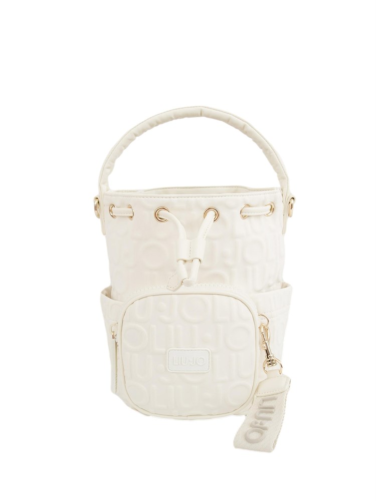 Borsa a secchiello bianca Liu Jo in scuba con logo rilievo all over