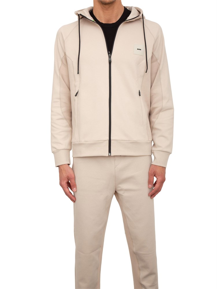 Felpa con cappuccio Boss beige con zip e toppa con logo