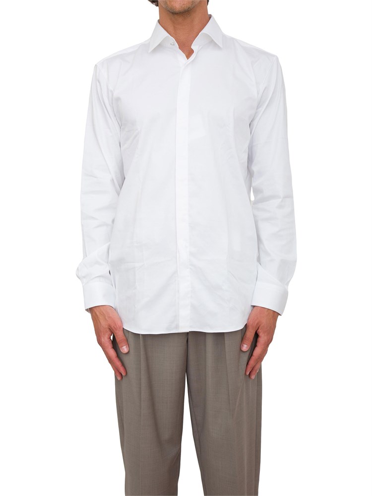 Camicia Boss bianco con fit moderno in satin di cotone elasticizzato