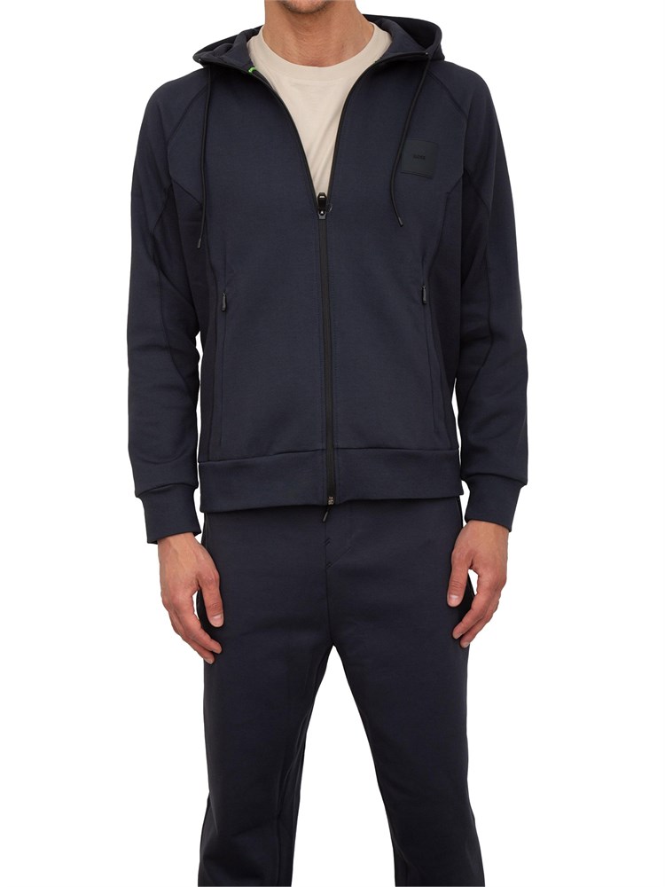 Felpa con cappuccio Boss blu con zip e toppa con logo