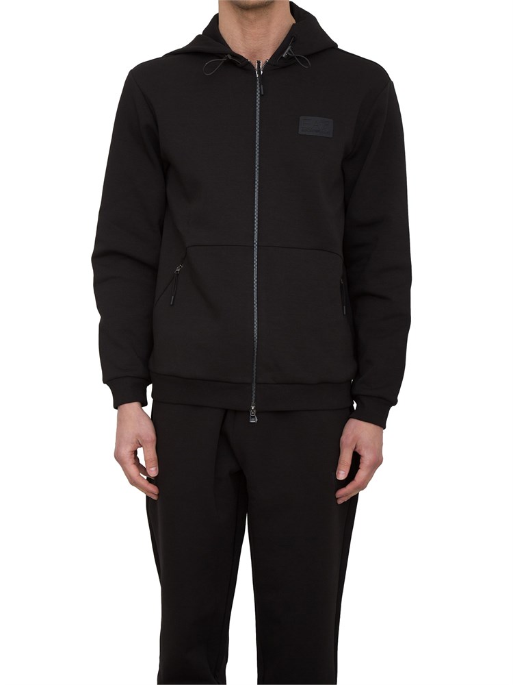 EA7 EMPORIO ARMANI Felpa con cappuccio EA7 in interlock di misto cotone nero