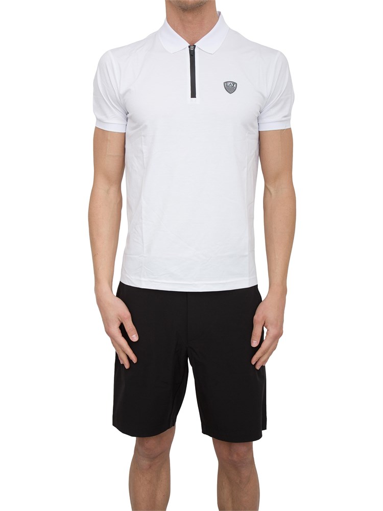 Polo uomo Ea7 Emporio Armani Premium Shield in viscosa bianca con zip a contrasto