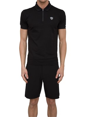 Polo uomo Ea7 Emporio Armani Premium Shield in viscosa nera con zip a contrasto in UOMO