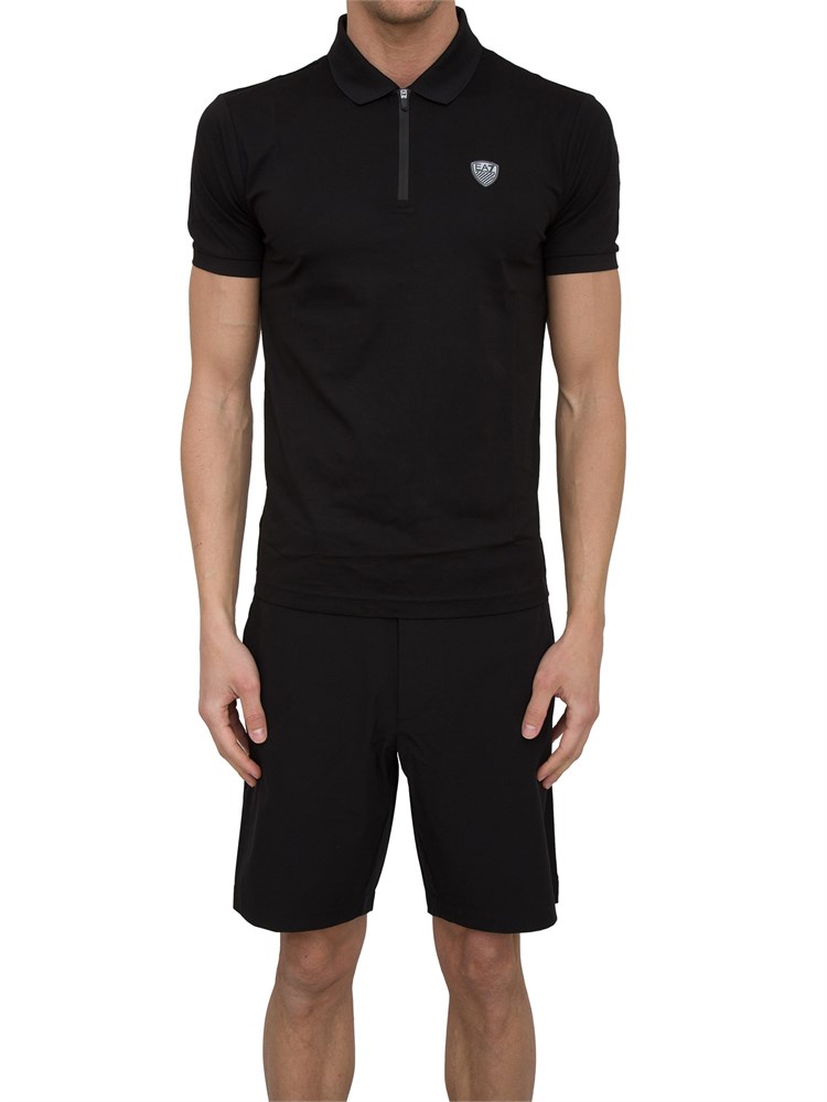 Polo uomo Ea7 Emporio Armani Premium Shield in viscosa nera con zip a contrasto