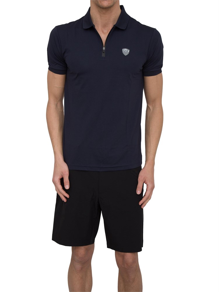 Polo uomo Ea7 Emporio Armani Premium Shield in viscosa blu con zip a contrasto