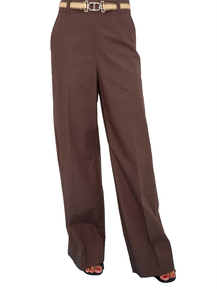 TWIN-SET Pantaloni a palazzo Twinset in popeline marrone con cintura in rafia