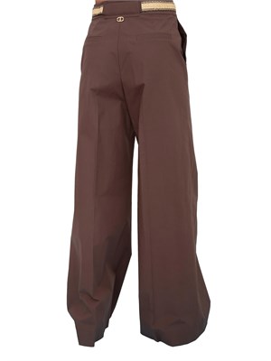 TWIN-SET Pantaloni a palazzo Twinset in popeline marrone con cintura in rafia in DONNA