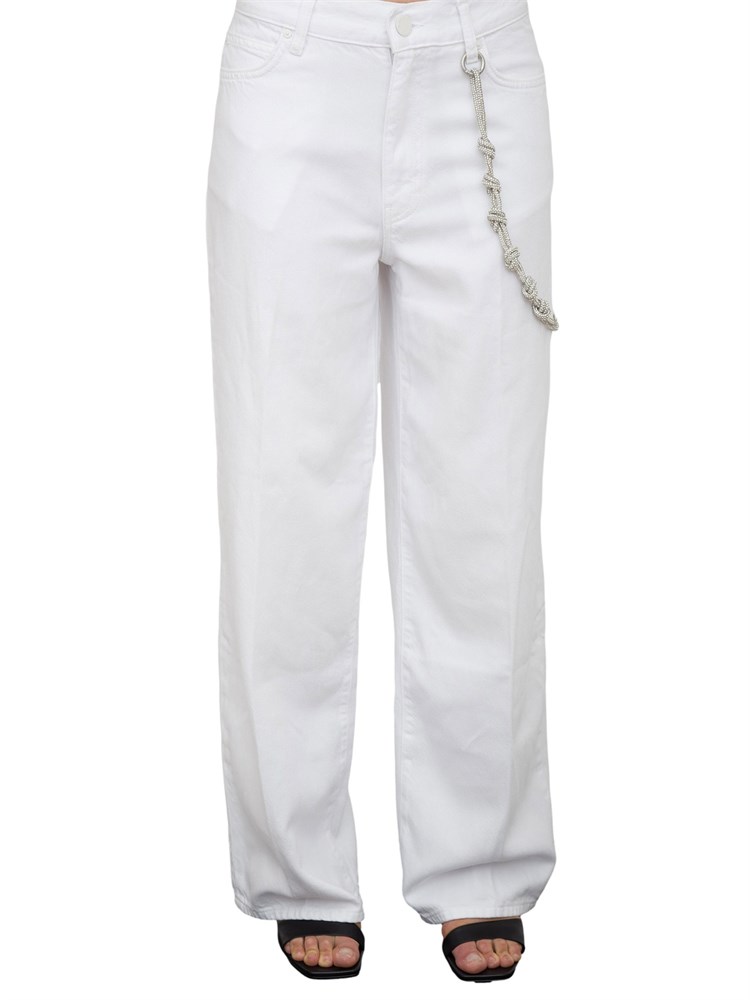 Pantaloni cinque tasche bianchi Pinko modello largo loose fit con catena gioiello