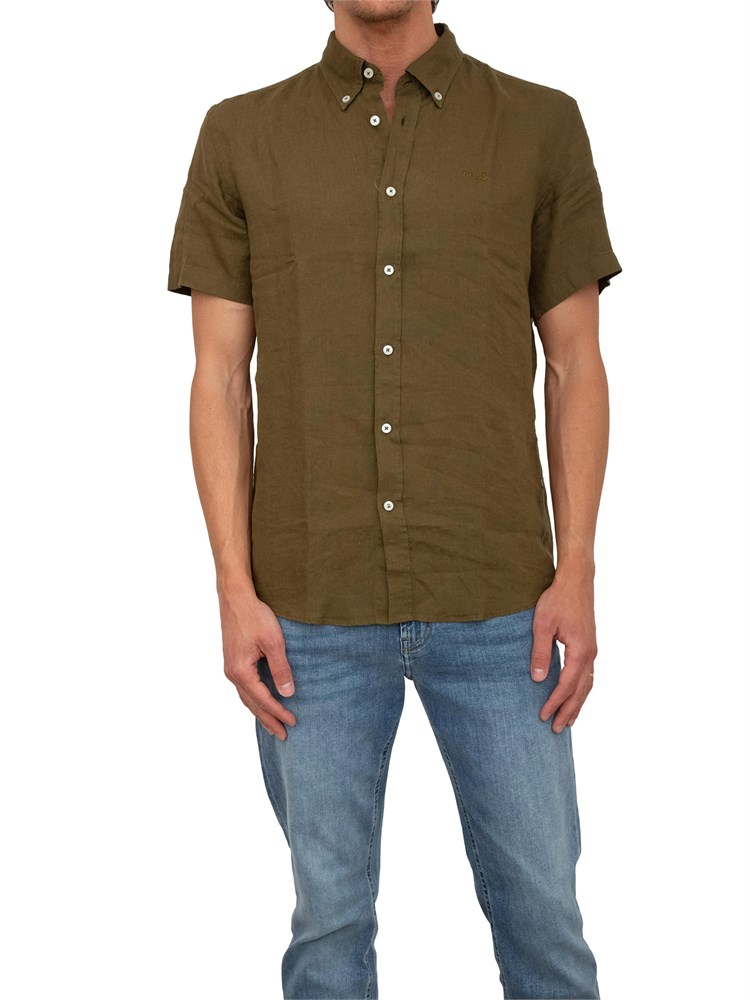Camicia manica corta Boss uomo in lino verde militare e collo botton down