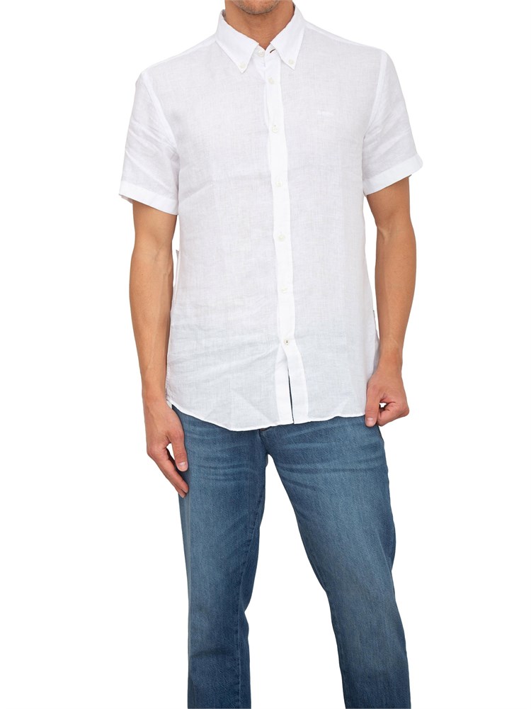 Camicia manica corta Boss uomo in lino bianco e collo botton down