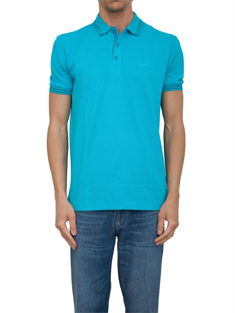Polo Boss azzurro paddy in piqué di cotone con logo sul sottocollo