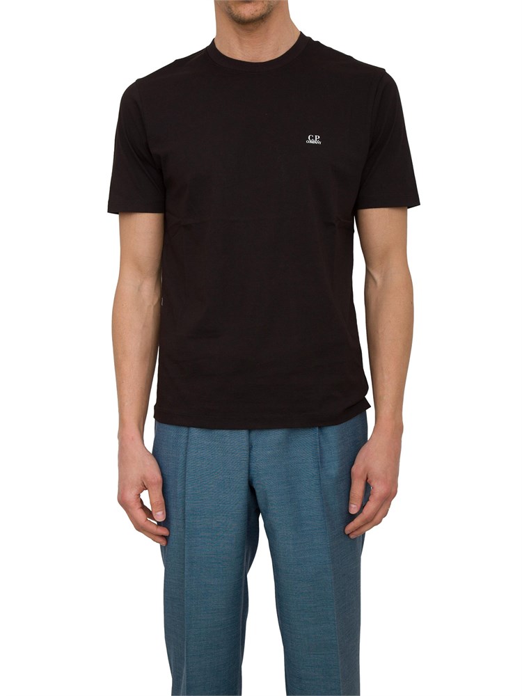 T-shirt nera uomo C.P. Company in cotone con cappuccio Goggle stampato dietro