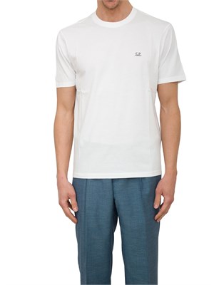 T-shirt bianca uomo C.P. Company in cotone con cappuccio Goggle stampato dietro in UOMO