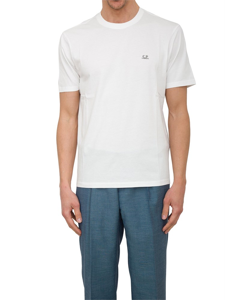 T-shirt bianca uomo C.P. Company in cotone con cappuccio Goggle stampato dietro