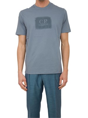 T-shirt azzurro grigio girocollo C.P. Company in cotone con logo stampato in UOMO