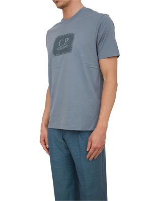 T-shirt azzurro grigio girocollo C.P. Company in cotone con logo stampato in UOMO