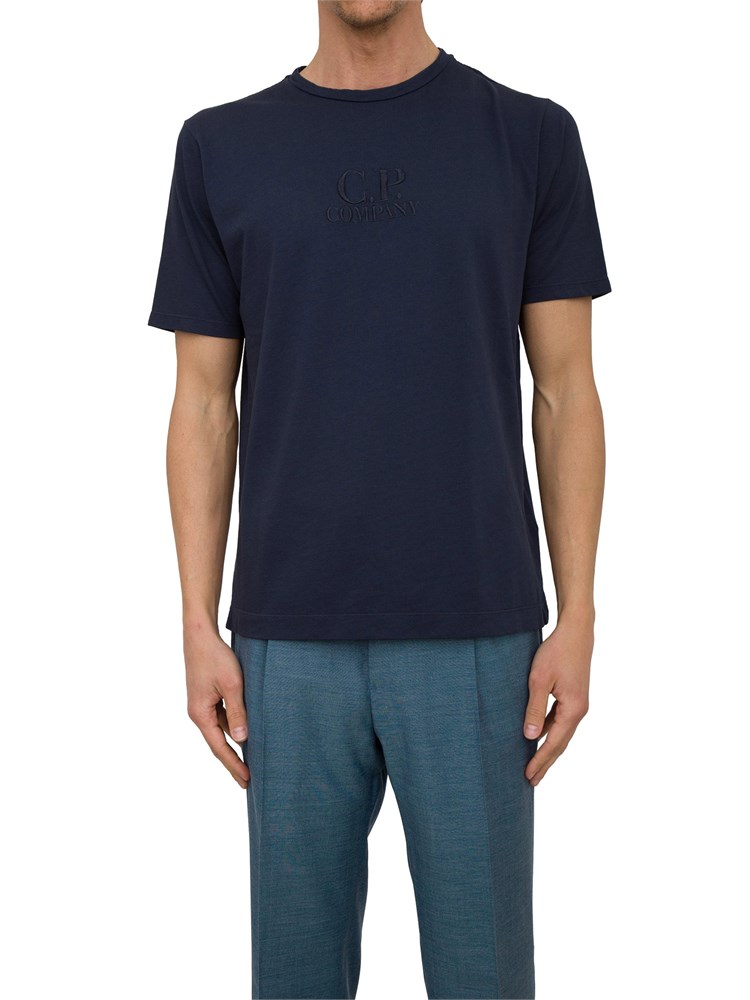 T-shirt blu girocollo C.P. Company in cotone con logo ricamato