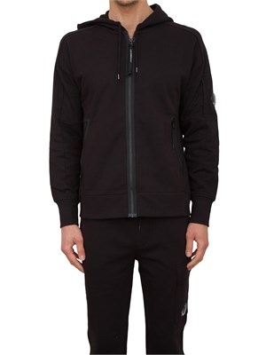 Felpa nera uomo C.P. Company full zip con cappuccio regolabile in tessuto cotone in UOMO