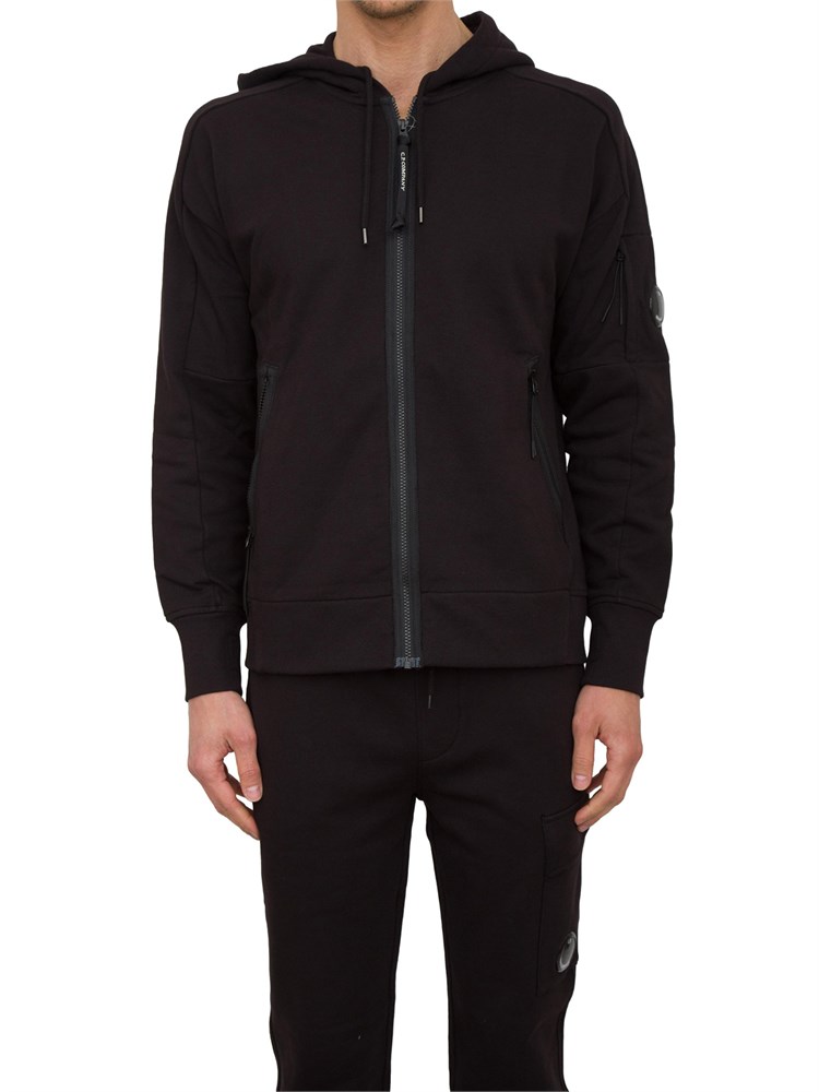 Felpa nera uomo C.P. Company full zip con cappuccio regolabile in tessuto cotone