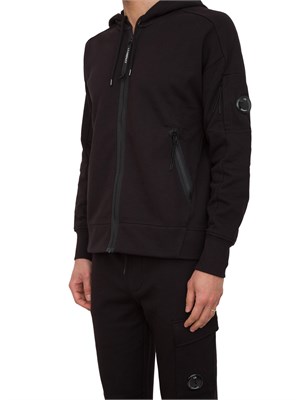 Felpa nera uomo C.P. Company full zip con cappuccio regolabile in tessuto cotone in UOMO