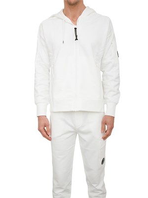 Felpa bianca uomo C.P. Company full zip con cappuccio regolabile in tessuto cotone in UOMO