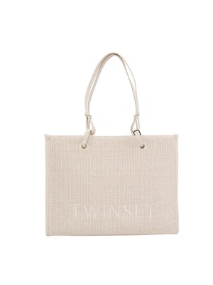 TWIN-SET Borsa shopper Twinset in canvas cipria e ricamo logo lettering in DONNA