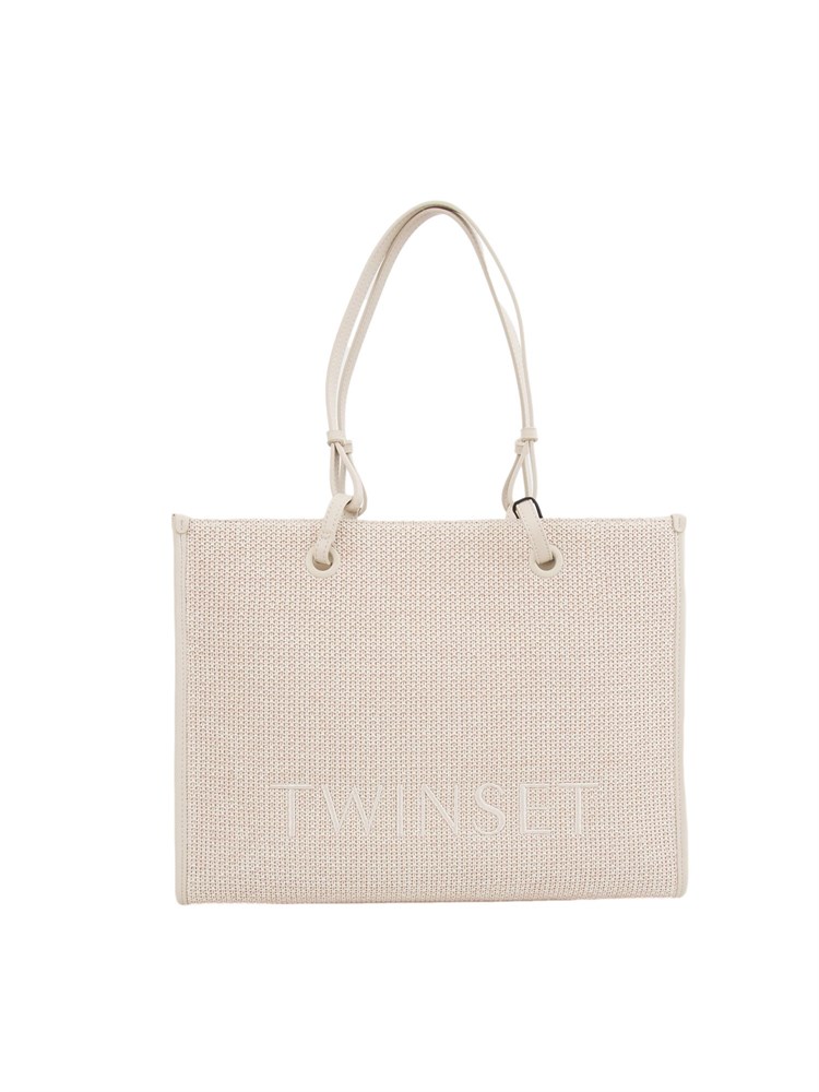 TWIN-SET Borsa shopper Twinset in canvas cipria e ricamo logo lettering