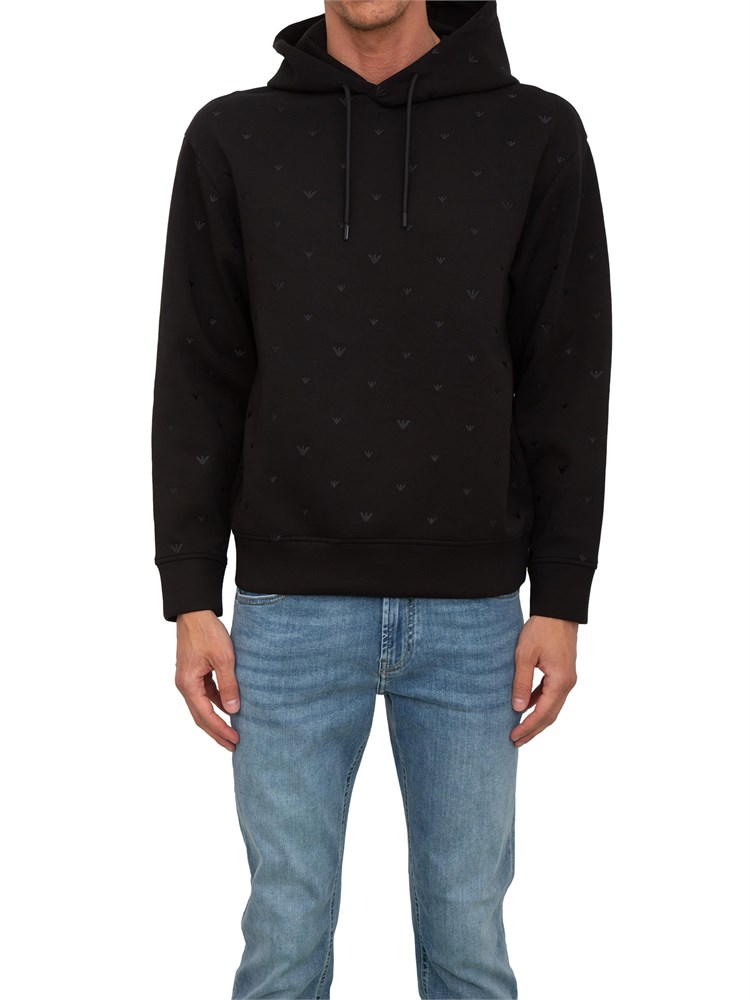Felpa uomo Emporio Armani in jersey nero con ricamo logo micro aquile all-over