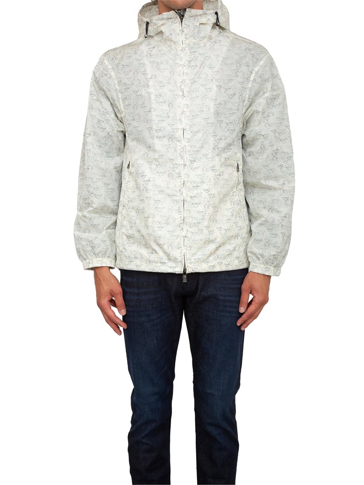 Giubbino avorio Emporio Armani uomo in nylon stampa aquile e soggetti marini all over