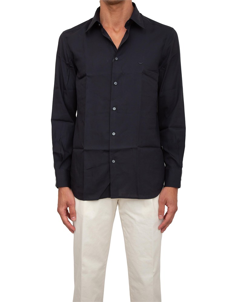 Camicia uomo Emporio Armani in misto cotone e lyocell blu