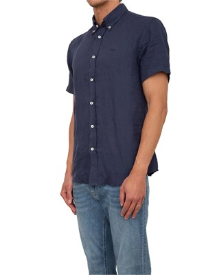 Camicia manica corta Boss uomo in lino blu e collo botton down in UOMO