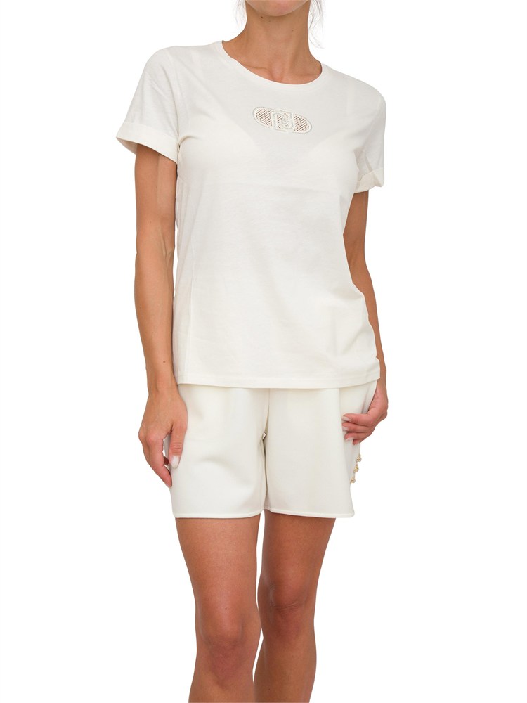 T-shirt Liu Jo donna in cotone bianco con logo rete e strass davanti