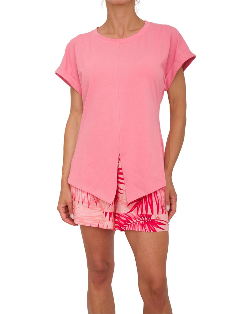 T-shirt rosa Liu Jo donna con spacco davanti e lettering strass dietro