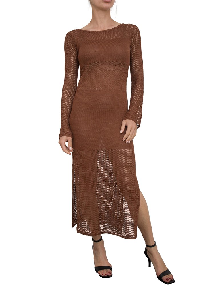 Abito regular midi Fracomina in maglia traforata marrone con inserti lurex