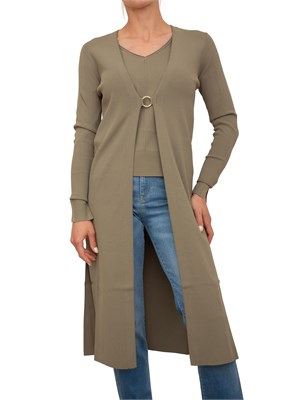 Cardigan lungo Nenette verde salvia con maniche e chiusura con cerchio oro in DONNA