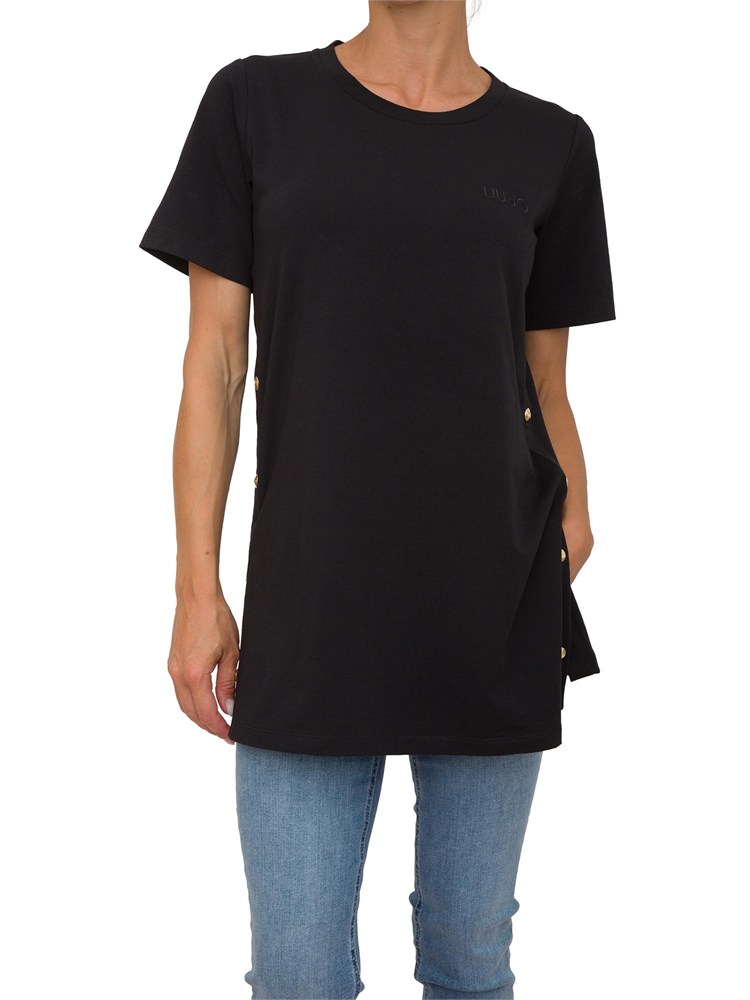 T-shirt nera Liu Jo donna con spacchi laterali e bottoni dorati