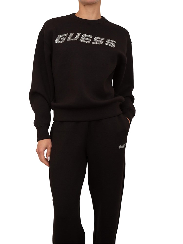 Felpa nera donna Guess Jeans con logo lettering con strass