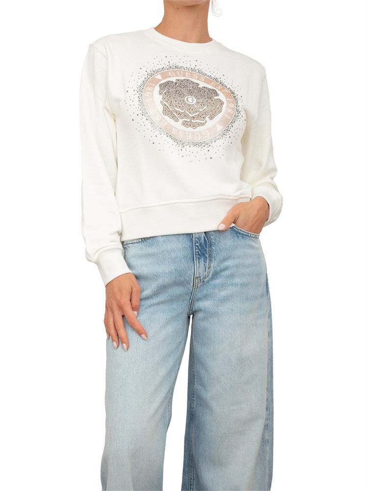 Felpa bianca Guess Jeans donna con logo strass davanti
