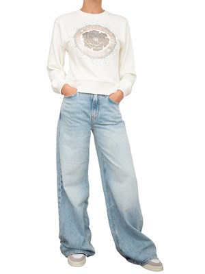 Felpa bianca Guess Jeans donna con logo strass davanti in DONNA