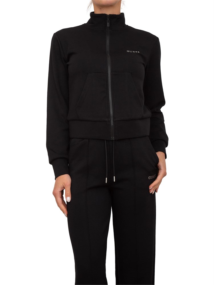 Felpa nera Guess Jeans donna con collo alto e logo lettering