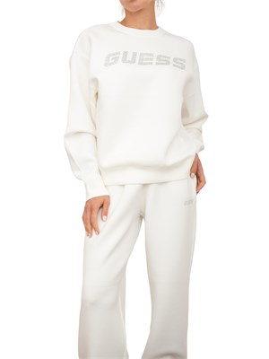 Felpa bianca donna Guess Jeans con logo lettering con strass in DONNA