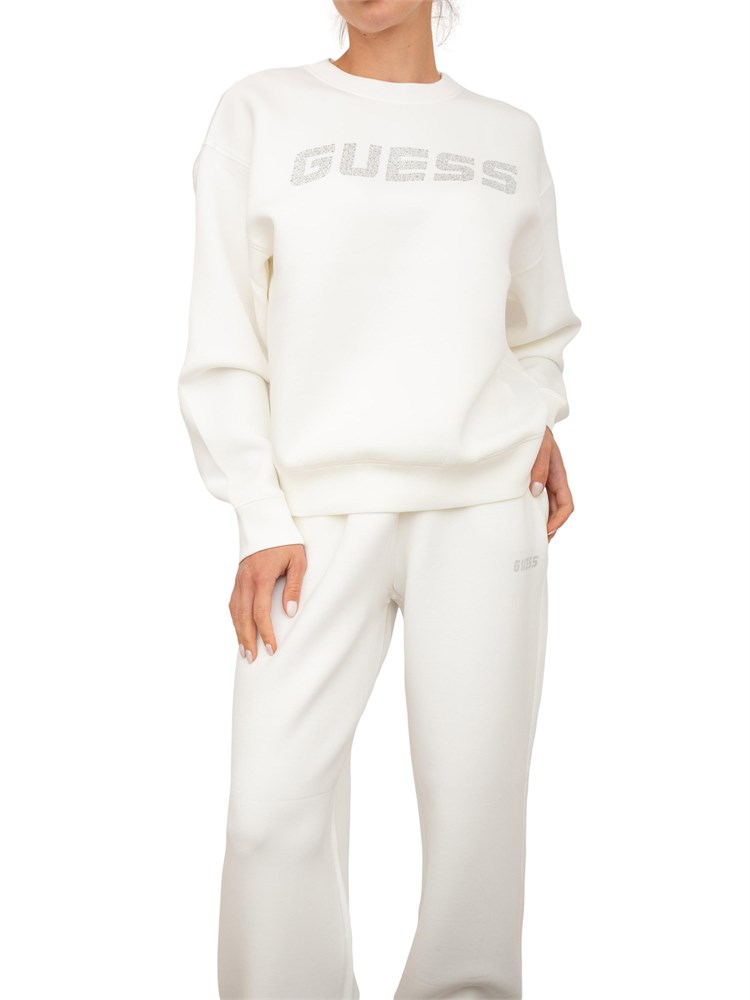 Felpa bianca donna Guess Jeans con logo lettering con strass