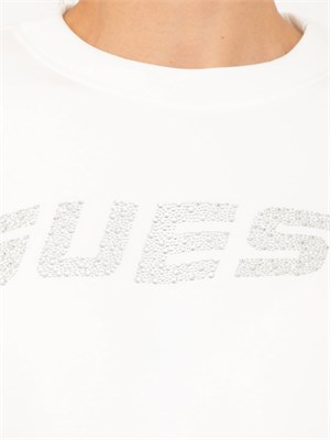 Felpa bianca donna Guess Jeans con logo lettering con strass in DONNA