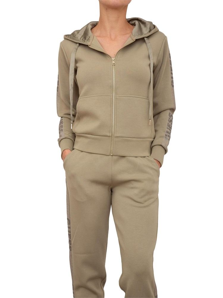 Felpa verde Guess Jeans donna con cappuccio, zip e manica lunga con logo strass.