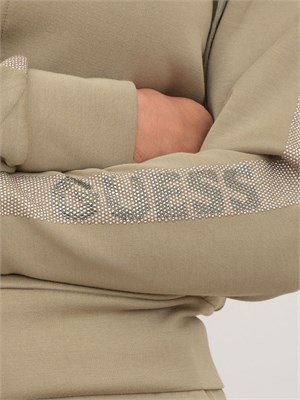 Felpa verde Guess Jeans donna con cappuccio, zip e manica lunga con logo strass. in DONNA