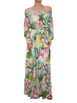 Abito lungo Guess Jeans con spalle scoperte e stampa floreale multicolor con cintura in vita in DONNA