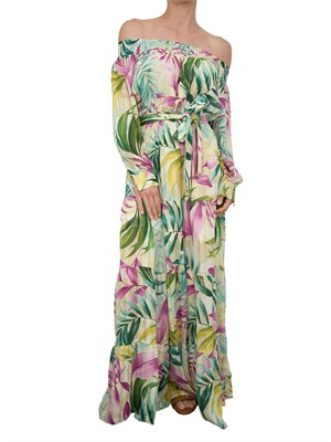 Abito lungo Guess Jeans con spalle scoperte e stampa floreale multicolor con cintura in vita in DONNA