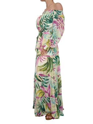 Abito lungo Guess Jeans con spalle scoperte e stampa floreale multicolor con cintura in vita in DONNA